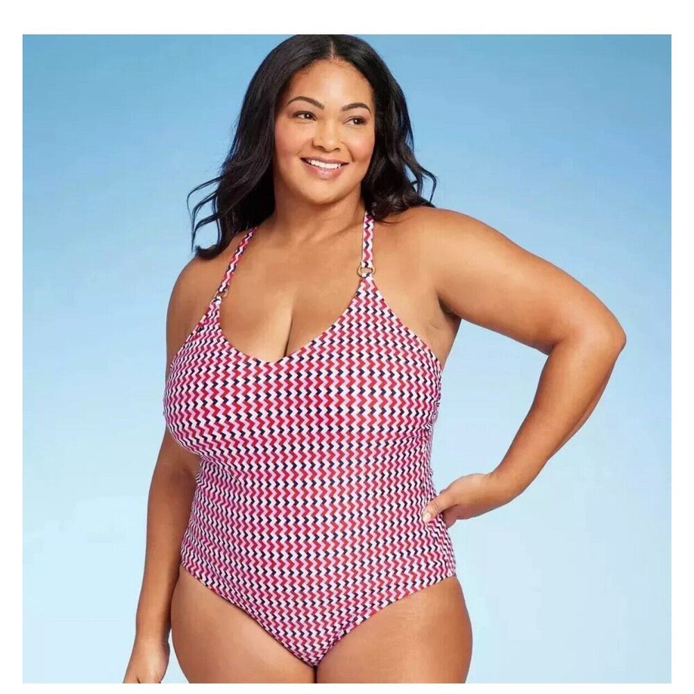 Kona Sol Red & Blue Geo Print Ring Strap Detail One Piece Swimsuit Women’s 20